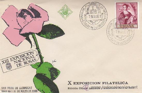 Sellos: ROSAS EXPOSICION NACIONAL, SAN FELIU DE LLOBREGAT (BARCELONA) 1969. MATASELLOS EN RARO SOBRE EO ROSA