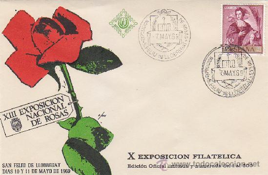 Sellos: ROSAS EXPOSICION NACIONAL, SAN FELIU DE LLOBREGAT (BARCELONA) 1969. MATASELLOS EN RARO SOBRE EO ROJO
