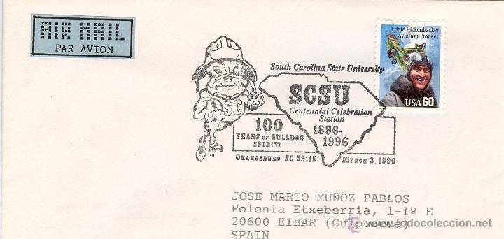 Timbres: SOBRE UNIVERSIDAD ESTATAL DE CAROLINA DEL SUR (1896-1996) - PERRO JUGANDO AL F&Uacute;TBOL AMERICANO NFL -