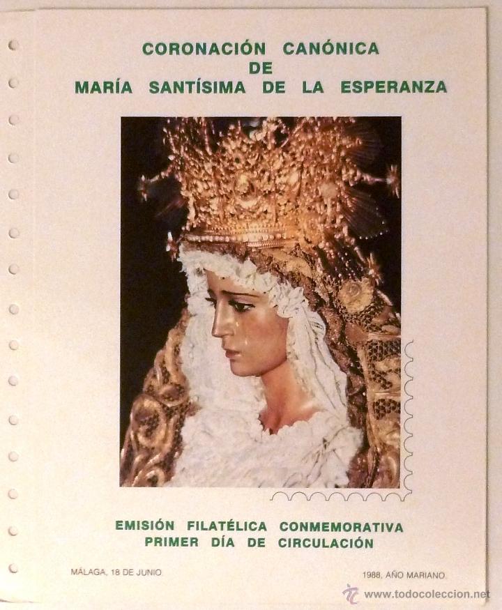 Sellos: SEMANA SANTA MALAGA. DOCUMENTO FILATELICO N&ordm; 4, 1988. CORONACION CAN. MAR&Iacute;A SANT. DE LA ESPERANZA.