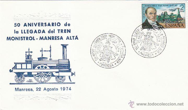 Stamps: TRENES 50 ANIVERSARIO LLEGADA TREN MONISTROL-MANRESA ALTA 1974. MATASELLOS FERROCARRIL SOBRE TOPO.