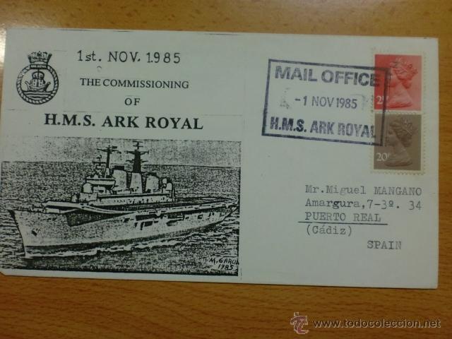 Selos: SOBRE CON MATASELLO. MAIL OFFICE 1985. H.M.S. ARK ROYAL.