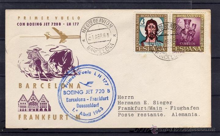 Sellos: PRIMER VUELO BOEING JET 720 B LUFTHANSA BARCELONA - FRANKFURT DUSSELDORF DE 1963 MAT CORREO AEREO