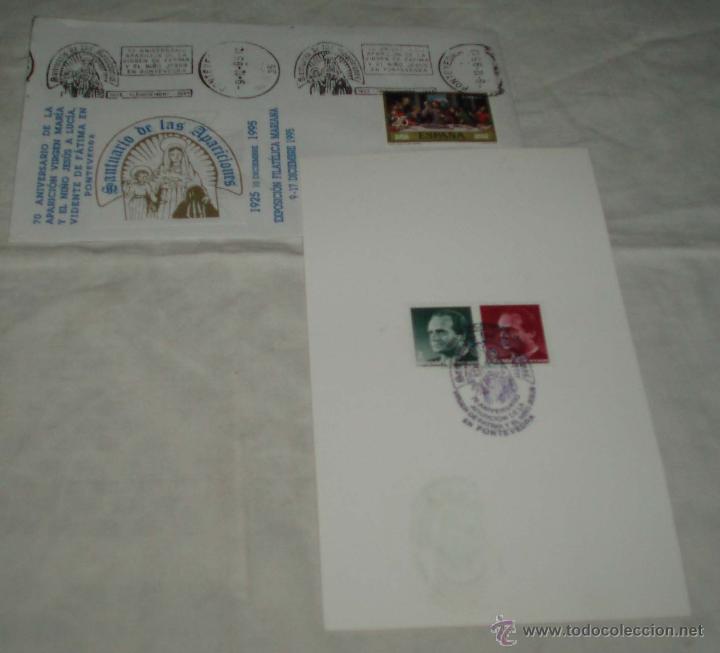 Timbres: sobre y tarjeta de la exposicion filatelica Mariana a&ntilde;o 1995 Santuario de las Apariciones