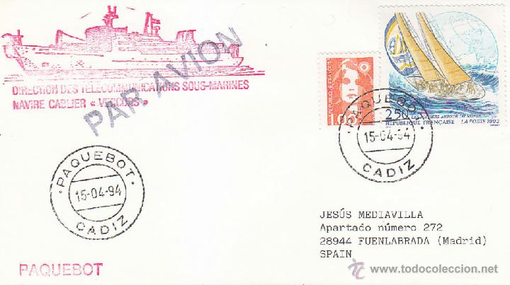 Briefmarken: BARCOS MARCA NAVAL CABLIER VERCORS, CADIZ 1994. MATASELLOS PAQUEBOT EN SOBRE. RARO ASI