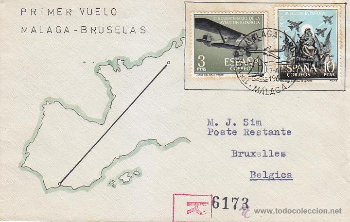 Sellos: PRIMER VUELO DIRECTO POR SABENA MALAGA-BRUSELAS (BELGICA) 1962 EN SOBRE RARA ILUSTRACION. LLEGADA.