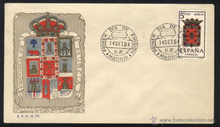 Sellos: MU-0153- SOBRE PRIMER D&Iacute;A DE EMISI&Oacute;N DEL SELLO DE ESCUDO DE MURCIA. 1964.