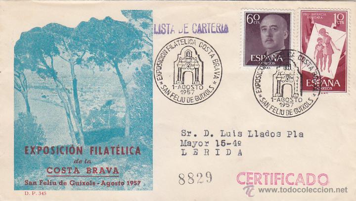 Sellos: COSTA BRAVA I EXPOSICION, SAN FELIU DE GUIXOLS (GERONA) 1957. MATASELLOS EN SOBRE CIRCULADO DP RARO