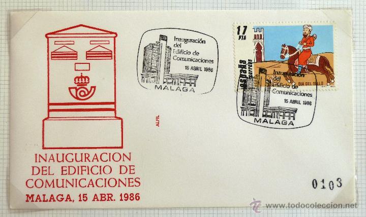 Sellos: SOBRE FILATELICO INAUGURACION EDIFICIO DE COMUNICACIONES. MALAGA 1986. - Foto 1