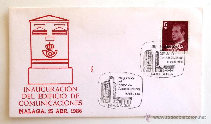 Sellos: SOBRE FILATELICO INAUGURACION DEL EDIFICIO DE COMUNICACIONES. MALAGA 1986. - Foto 1