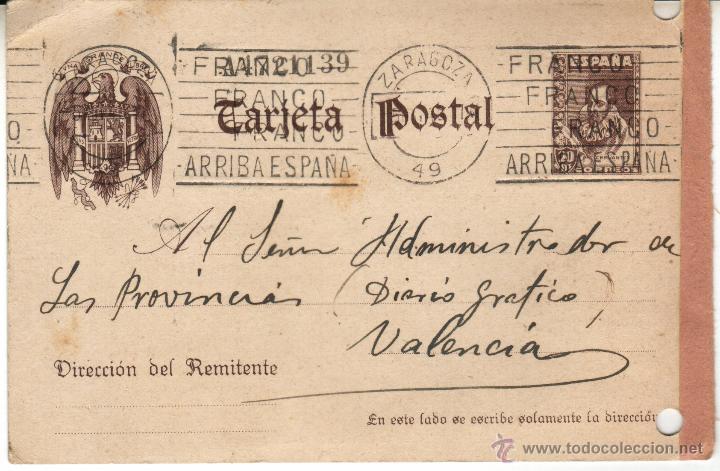 Sellos: 1940. MATASELLOS RODILLO FRANCO, FRANCO, FRANCO, ARRIBA ESPA&Ntilde;A ZARAGOZA (49). TARJETA ENTERO POSTAL