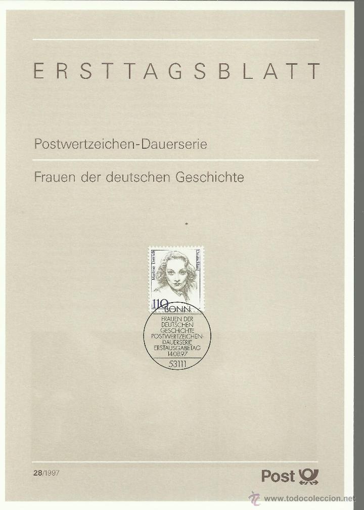 Sellos: ALEMANIA DOCUMENTO PRIMER DIA BONN ARE CINE MARLENE DIETRICH