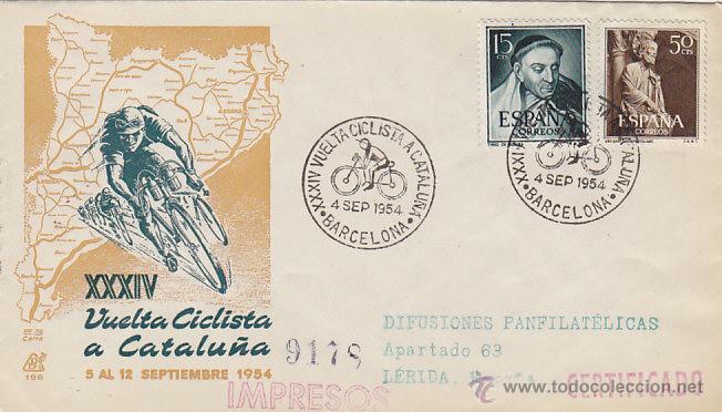 Sellos: SOBRE XXXIV VUELTA CICLISTA A CATALU&Ntilde;A, BARCELONA / LERIDA 1954. MATASELLOS  CIRCULADO CON LLEGADA