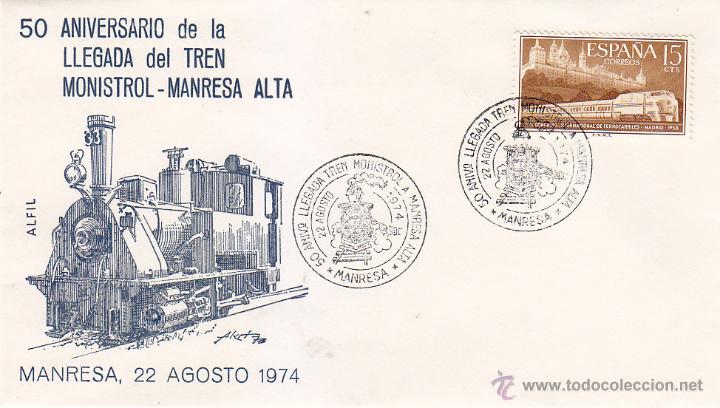 Timbres: TRENES 50 ANIVERSARIO LLEGADA TREN MONISTROL-MANRESA ALTA 1974. MATASELLOS FERROCARRIL SOBRE ALFIL.