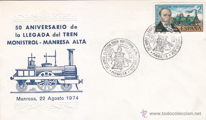 Sellos: TRENES 50 ANIVERSARIO LLEGADA TREN MONISTROL-MANRESA ALTA 1974. MATASELLOS FERROCARRIL SOBRE TOPO.
