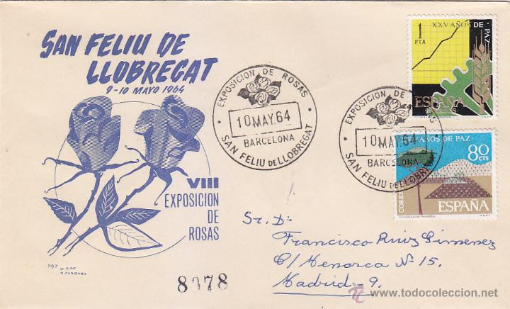 Sellos: ROSAS EXPOSICION NACIONAL, SAN FELIU DE LLOBREGAT (BARCELONA) 1964. MATASELLOS EN SOBRE CIRCULADO MS