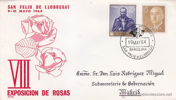 Sellos: ROSAS EXPOSICION NAL SAN FELIU DE LLOBREGAT (BARCELONA) 1964 MATASELLOS EN SOBRE DIRIGIDO ALFIL RARO