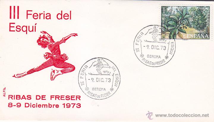 Sellos: DEPORTES ESQUI III FERIA, RIBAS DE FRESER (GERONA) 9 DICIEMBRE 1973. RARO MATASELLOS EN SOBRE ALFIL.