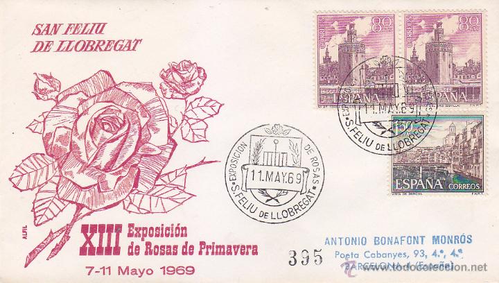 Sellos: ROSAS EXPOSICION NACIONAL, SAN FELIU DE LLOBREGAT (BARCELONA) 1969. MATASELLOS SOBRE CIRCULADO ALFIL