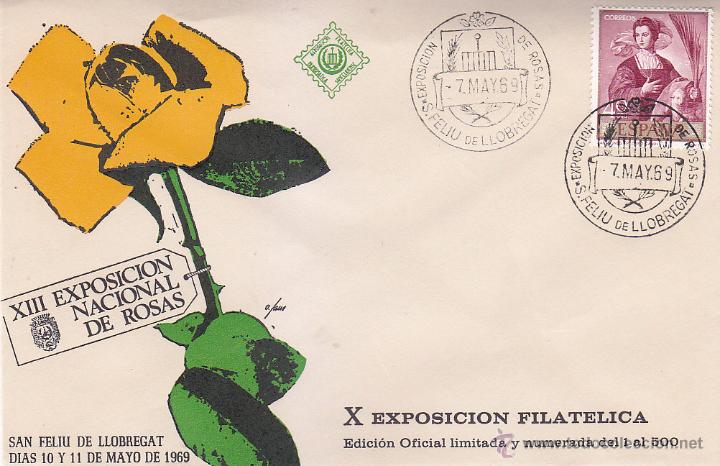 Sellos: ROSAS EXPOSICION NACIONAL, SAN FELIU DE LLOBREGAT (BARCELONA) 1969 MATASELLOS RARO SOBRE EO AMARILLO
