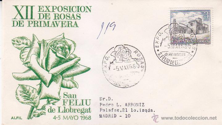 Sellos: ROSAS EXPOSICION NACIONAL, SAN FELIU DE LLOBREGAT (BARCELONA) 1968. RARO MATASELLOS EN SOBRE ALFIL.