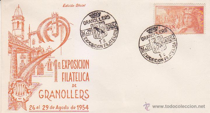 Sellos: I EXPOSICION FILATELICA, GRANOLLERS (BARCELONA) 1954. MATASELLOS EN SOBRE EO SERIE A RARO ASI