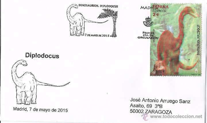 Sellos: ESPA&Ntilde;A. SOBRE PRIMER DIA. DINOSAURIOS. DIPLODOCUS. 2015 - Foto 1