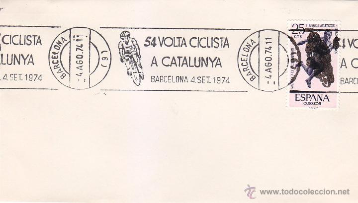Sellos: CICLISMO 54 VOLTA CICLISTA A CATALUNYA, BARCELONA 1974. RARO MATASELLOS DE RODILLO EN SOBRE.