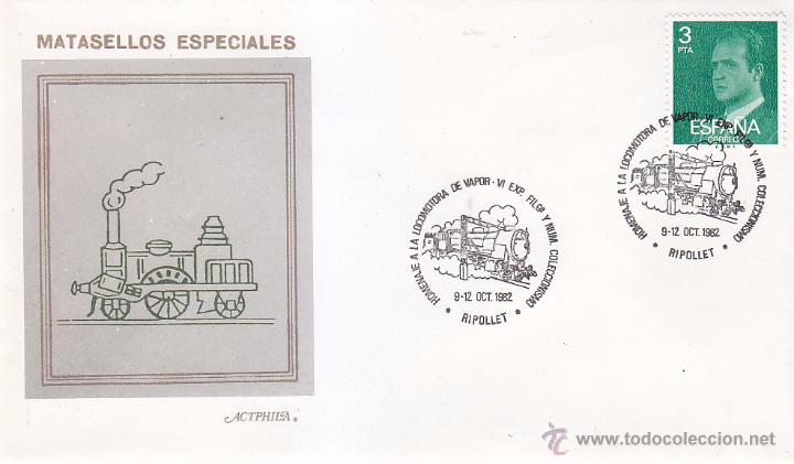 Stamps: TRENES HOMENAJE LOCOMOTORA DE VAPOR RIPOLLET (BARCELONA) 1982. MATASELLOS FERROCARRIL SOBRE ACTPHILA