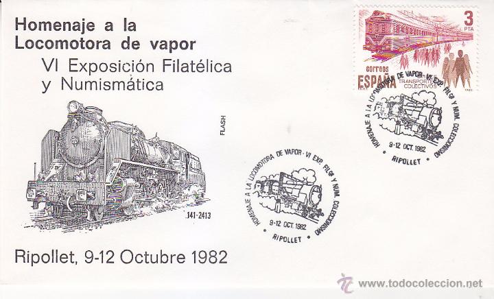 Selos: TRENES HOMENAJE LOCOMOTORA DE VAPOR RIPOLLET (BARCELONA) 1982. MATASELLOS FERROCARRIL EN SOBRE FLASH