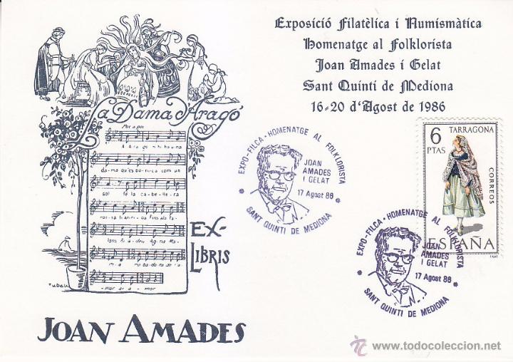 Sellos: MUSICA JOAN AMADES I GELAT HOMENATGE SANT QUINTI DE MEDIONA 1986 RARO MATASELLOS TARJETA EX-LIBRIS 1