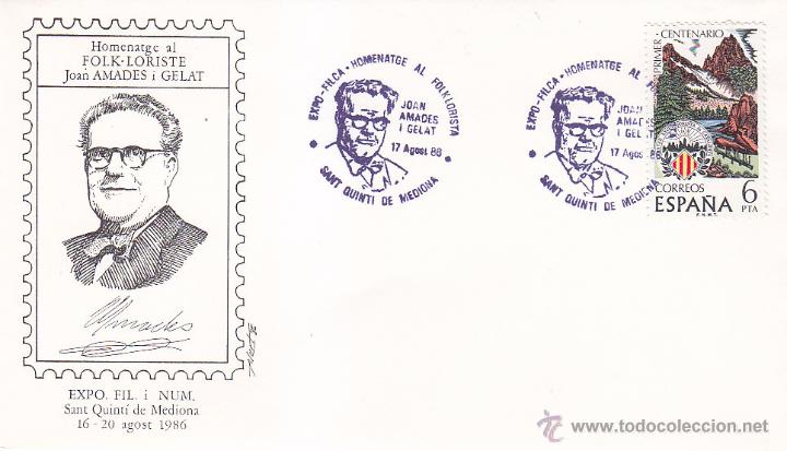 Sellos: MUSICA JOAN AMADES I GELAT HOMENATGE, SANT QUINTI DE MEDIONA 1986 RARO MATASELLOS EN SOBRE ILUSTRADO