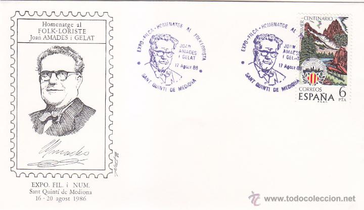 Sellos: MUSICA JOAN AMADES I GELAT HOMENATGE, SANT QUINTI DE MEDIONA 1986 RARO MATASELLOS EN SOBRE ILUSTRADO