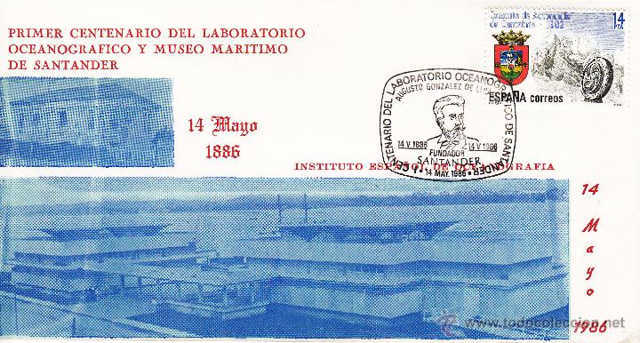 Sellos: SOBRE: 1986 SANTANDER - CENTENARIO LABORATORIO OCEANOGRAFICO Y MUSEO MARITIMO - Foto 1