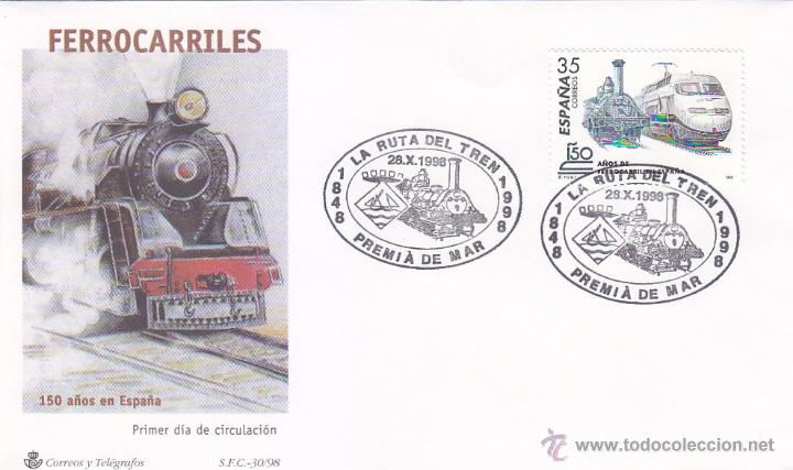 Timbres: TRENES LA RUTA DEL TREN, PREMIA DE MAR (BARCELONA) 1998. RARO MATASELLOS FERROCARRIL SOBRE ILUSTRADO