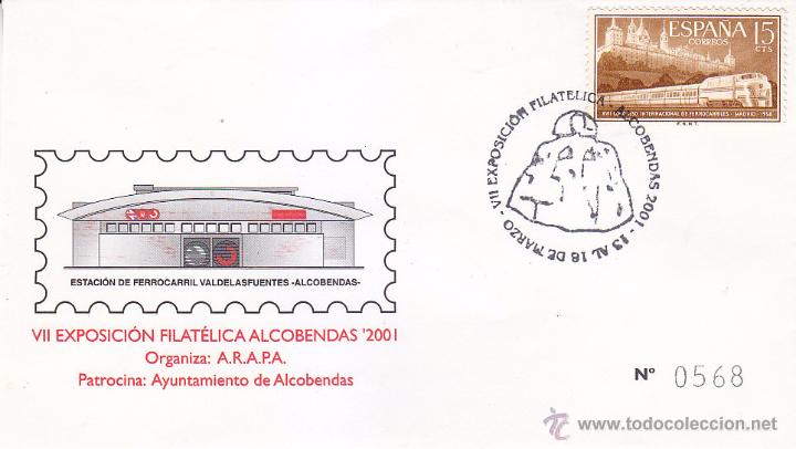 Briefmarken: TRENES VII EXPOSICION FILATELICA, ALCOBENDAS (MADRID) 2001. MATASELLOS EN SOBRE ESTACION FERROCARRIL