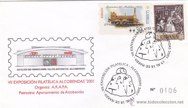 Timbres: TRENES VII EXPOSICION FILATELICA, ALCOBENDAS (MADRID) 2001. MATASELLOS EN SOBRE ESTACION FERROCARRIL