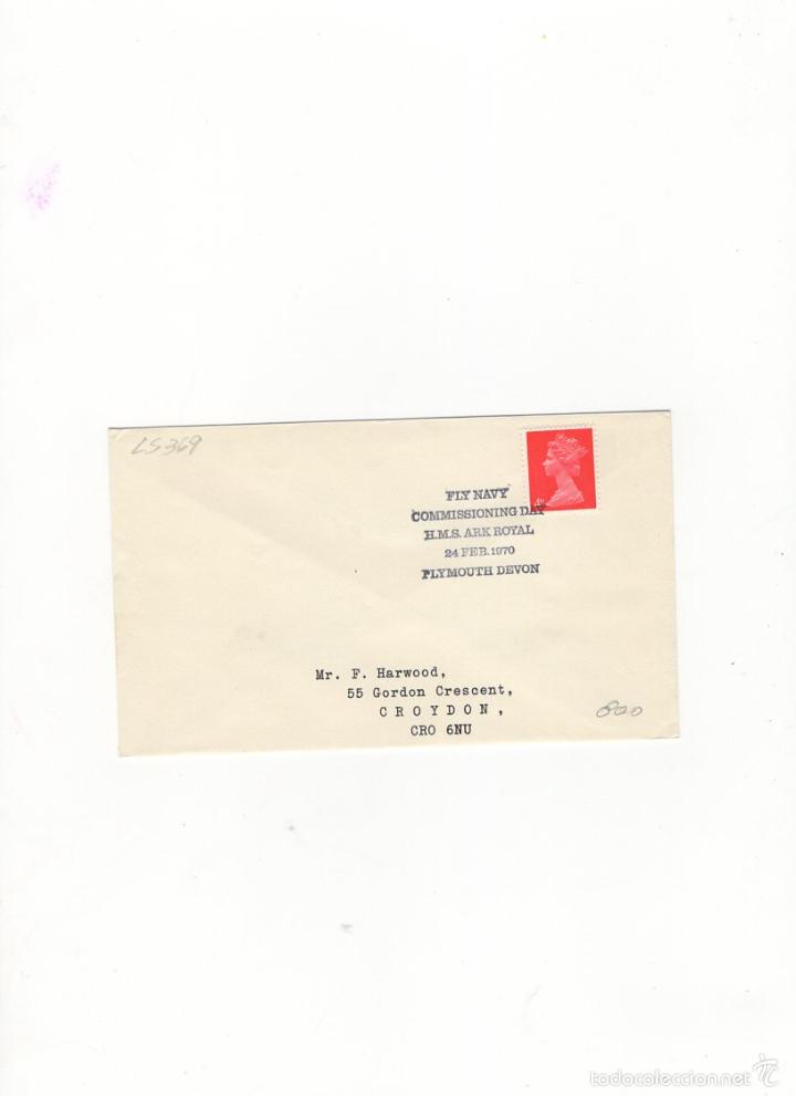 Stamps: SOBRE. FLY NAVY H.M.S.,ARK ROYAL, PLYMOUTH DEVON, 1970.