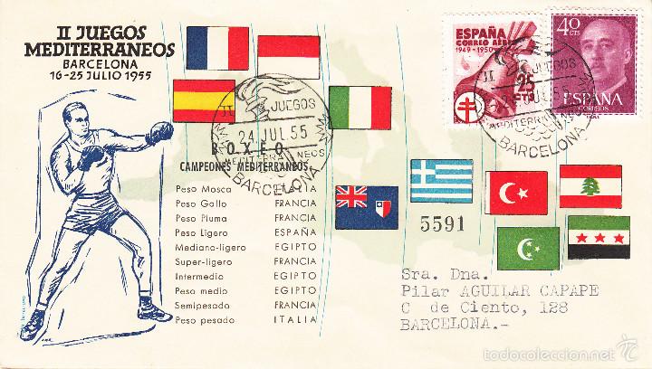 Sellos: MATASELLOS-DEPORTE- BOXEO - II JUEGOS MEDITERR&Aacute;NEOS -BARCELONA- ---1955----