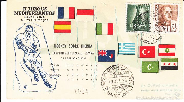 Sellos: MATASELLOS-DEPORTE-HOCKEY SOBRE HIERBA  II JUEGOS MEDITERR&Aacute;NEOS -BARCELONA- ---1955----