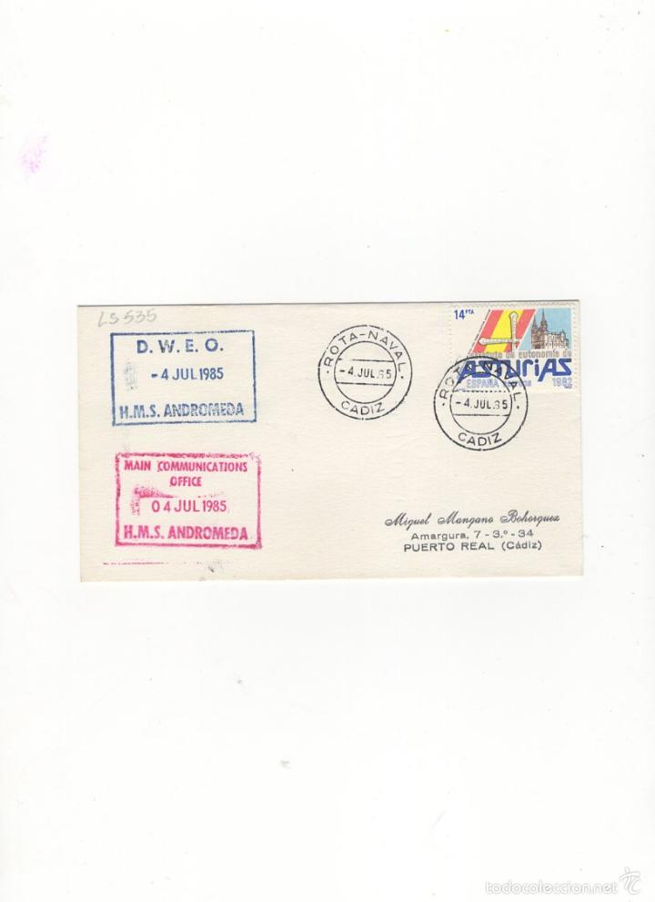 Sellos: SOBRE. D.W.E.O., H.M.S. ANDROMEDA, ESPA&Ntilde;A, 1985. - Foto 1