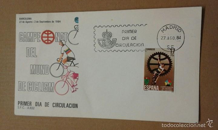 Sellos: 1 SOBRE 1&ordm; D&Iacute;A DE CIRCULA. ** CAMPEONATO MUNDO CICLISMO ** MATASELLOS 27 AGOSTO 1984 **