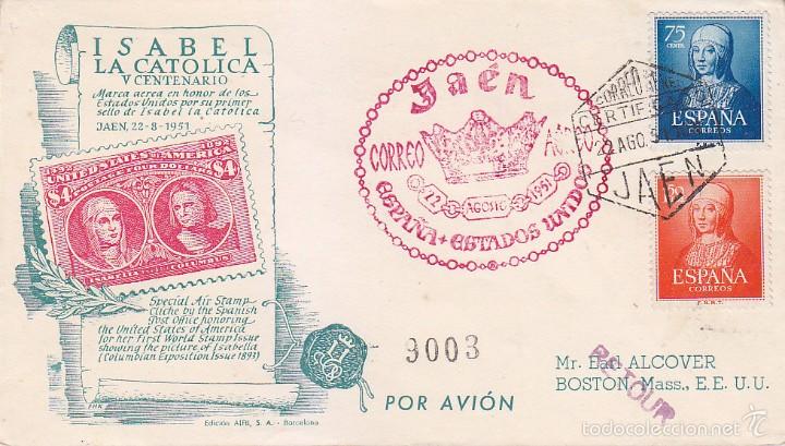 Sellos: V CENTENARIO ISABEL LA CATOLICA MARCA AEREA JAEN ESPA&Ntilde;A-EEUU 1951 EN SOBRE CIRCULADO ALFIL LLEGADA