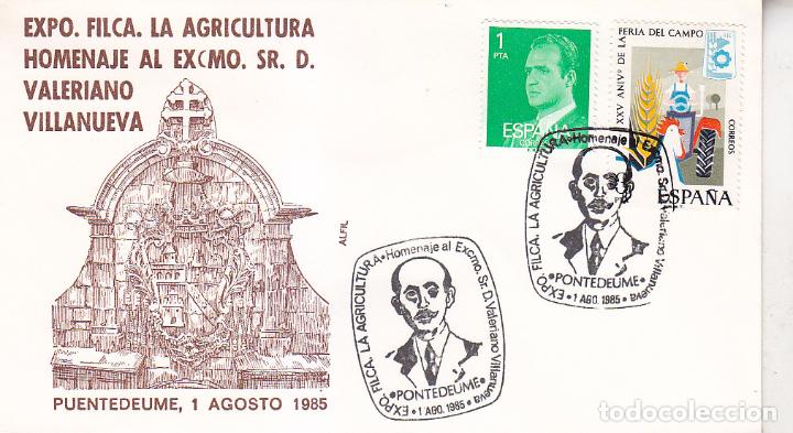 Sellos: VALERIANO VILLANUEVA EXPOSICION LA AGRICULTURA, PONTEDEUME (A CORU&Ntilde;A) 1985 MATASELLOS EN SOBRE ALFIL