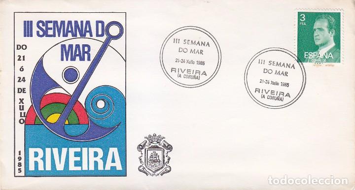 Sellos: BARCOS III SEMANA DO MAR, RIVEIRA (A CORU&Ntilde;A) 1985. MATASELLOS EN SOBRE ILUSTRADO RARO ASI
