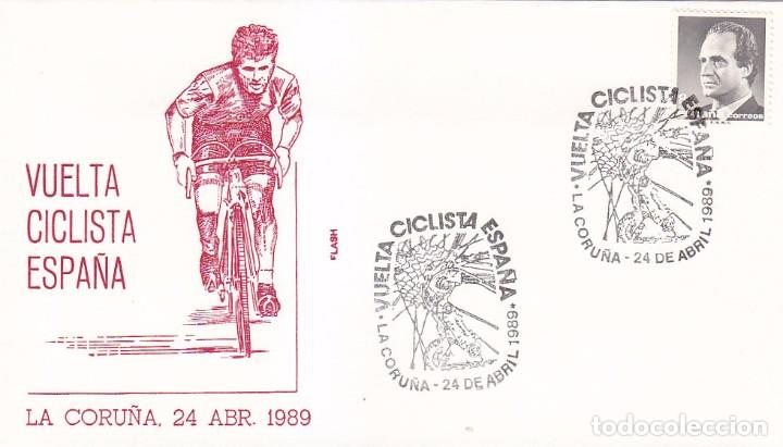 Sellos: CICLISMO VUELTA CICLISTA A ESPA&Ntilde;A, LA CORU&Ntilde;A 1989. MATASELLOS EN SOBRE DE FLASH. RARO ASI.