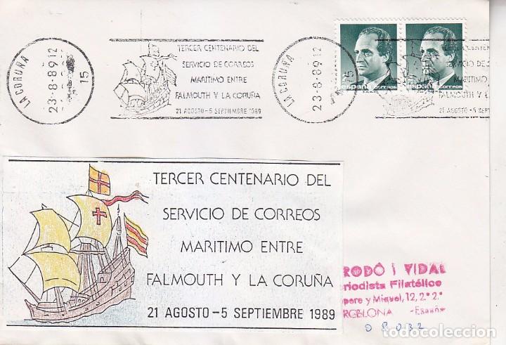 Sellos: BARCOS III CENTENARIO CORREO MARITIMO FALMOUTH-LA CORU&Ntilde;A 1989. RARO MATASELLOS DE RODILLO EN SOBRE