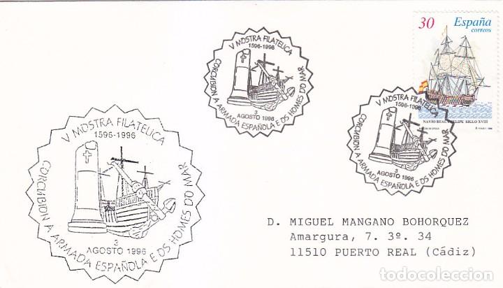 Sellos: V MOSTRA A ARMADA ESPA&Ntilde;OLA E OS HOMES DO MAR, CORCUBION CORU&Ntilde;A 1996. RARO MATASELLOS SOBRE ILUSTRADO