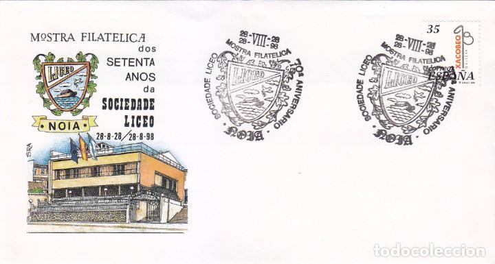 Sellos: ARCA DE NOE SOCIEDADE LICEO 70 SETENTA A&Ntilde;OS MOSTRA, NOIA NOYA 1998 RARO MATASELLOS SOBRE ILUSTRADO.