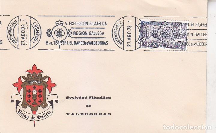 Sellos: V EXPOSICION REGION GALLEGA, BARCO DE VALDEORRAS (ORENSE) 1973. MATASELLOS RODILLO SOBRE CON VI&Ntilde;ETA.